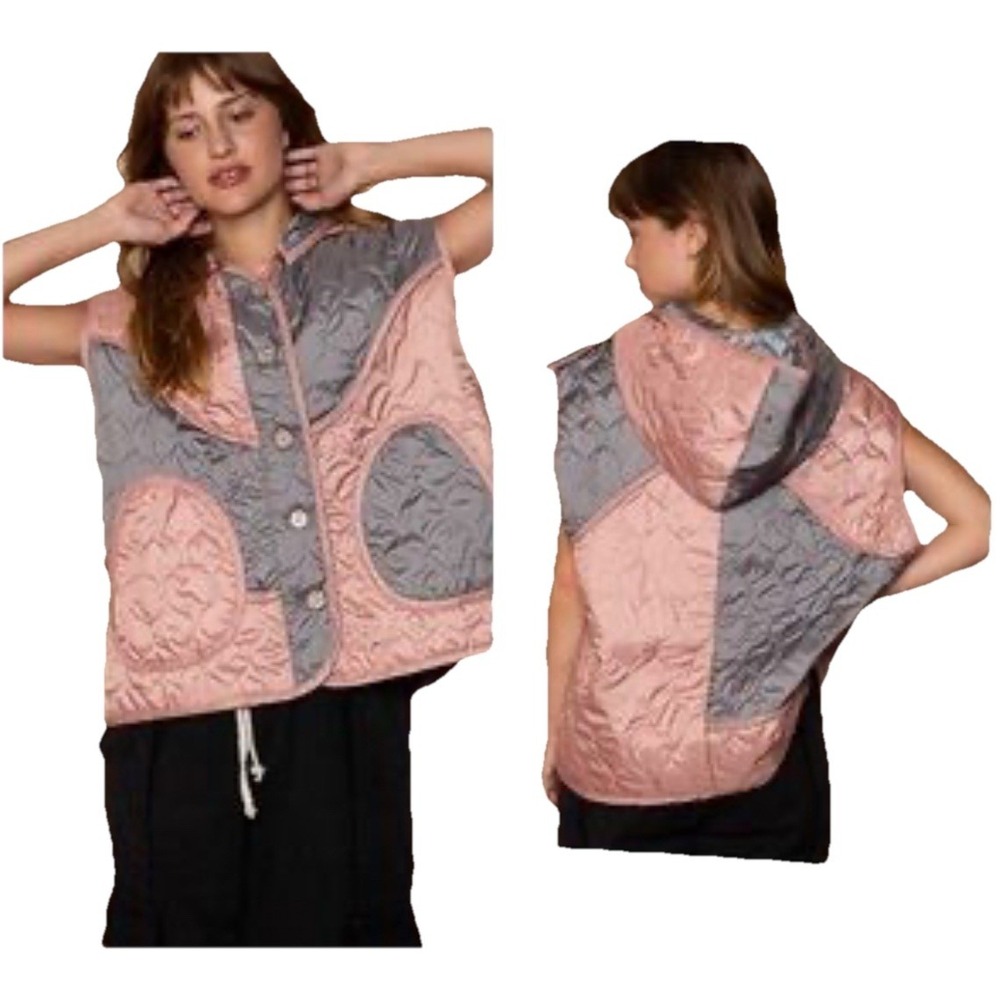 POL Quilted Pink & Gray Lightweight Vest Removable Hood Oversized Fit Sz M/L